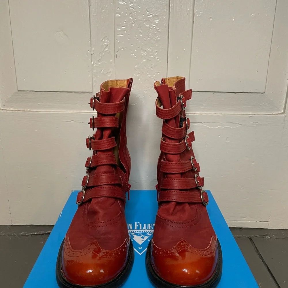 John Fluevog Red Boots with Buckles - Picture 3 of 6